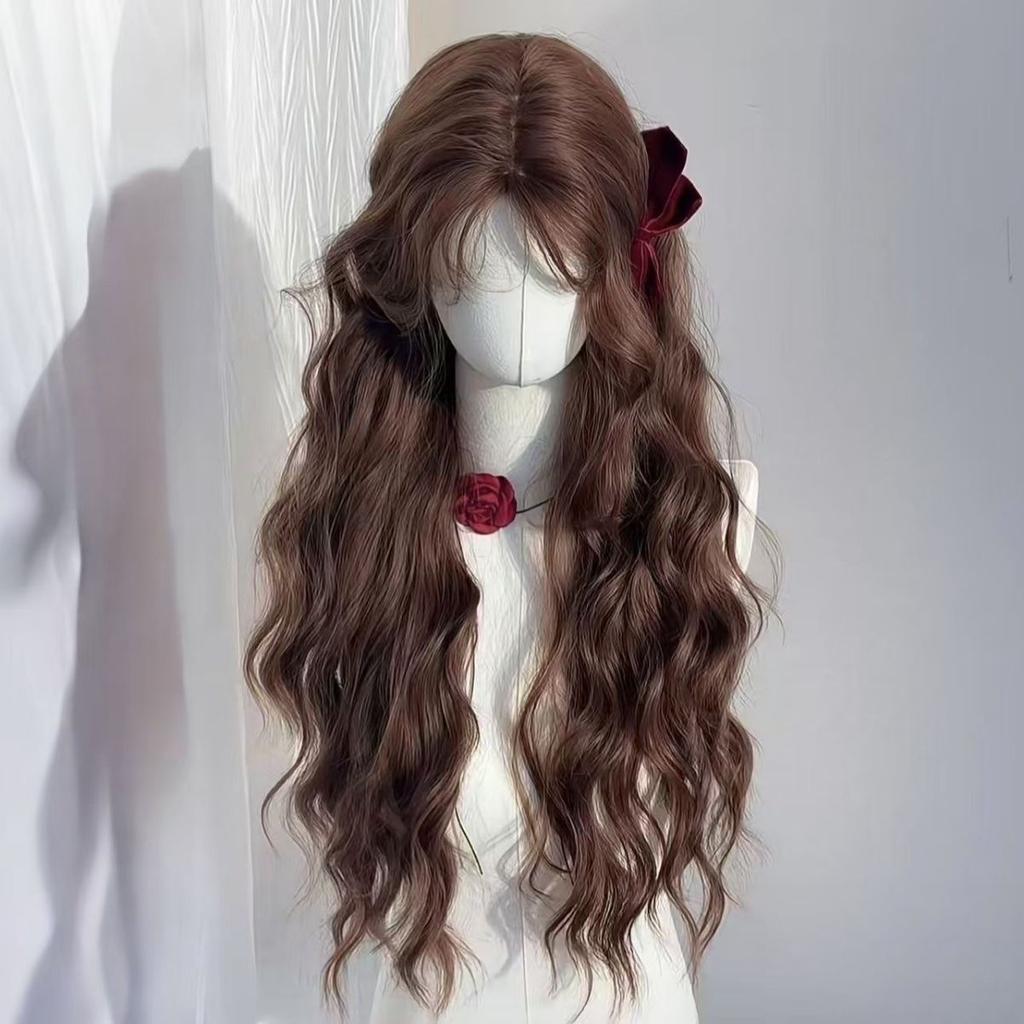 Synthetic Chestnut Brown Wool Curly Wig Languid Lazy Temperament Long Curly Hair Simulation Full Head Cover Wigs for Women Daily