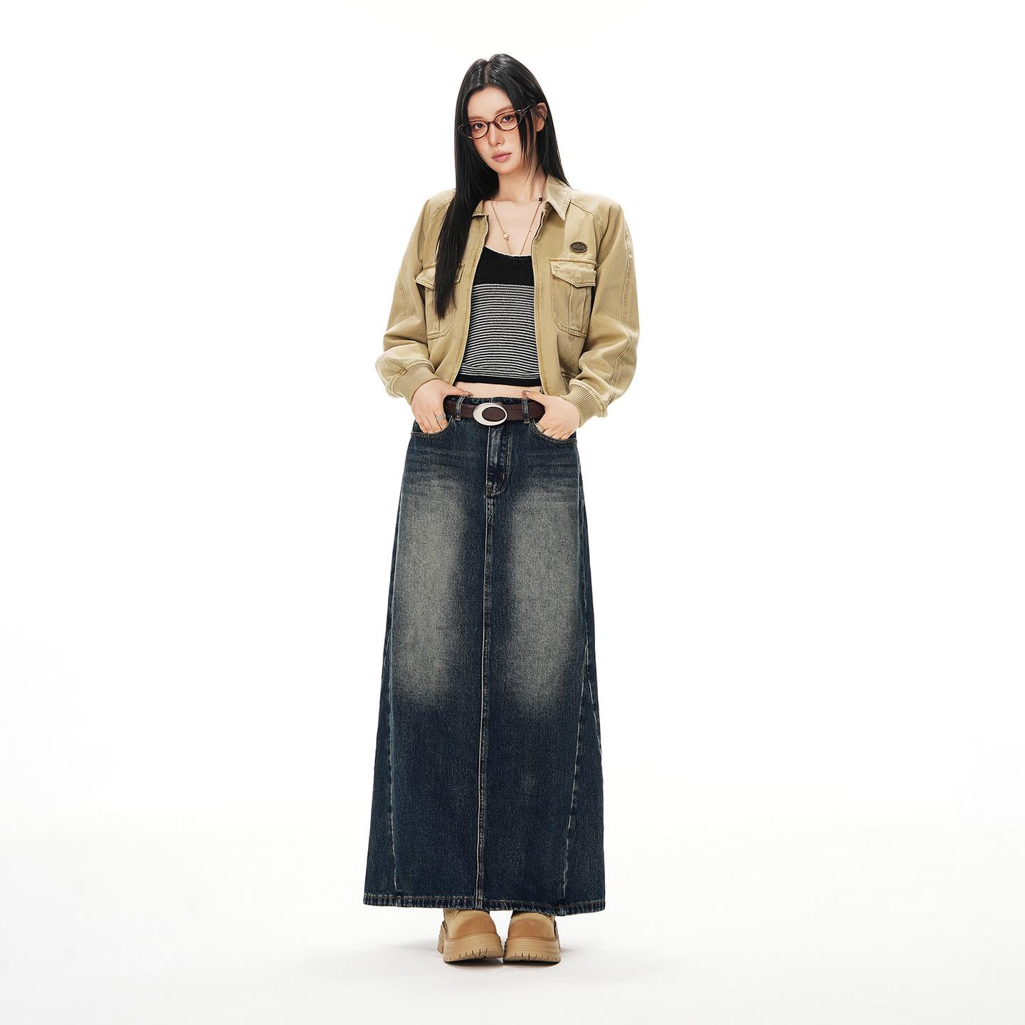 Retro High-Waist Denim A-Line Skirt – Slimming, Versatile, Long with Slit, Hip-Covering for Women’s Winter Wear XS