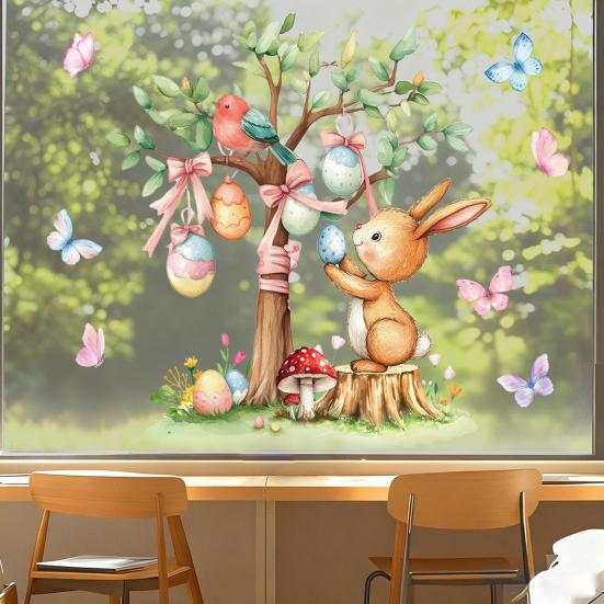Easter Bunny Window Self-adhesive Living Room Colorful Home Office Sticker Waterproof PVC Egg Tree Rabbit