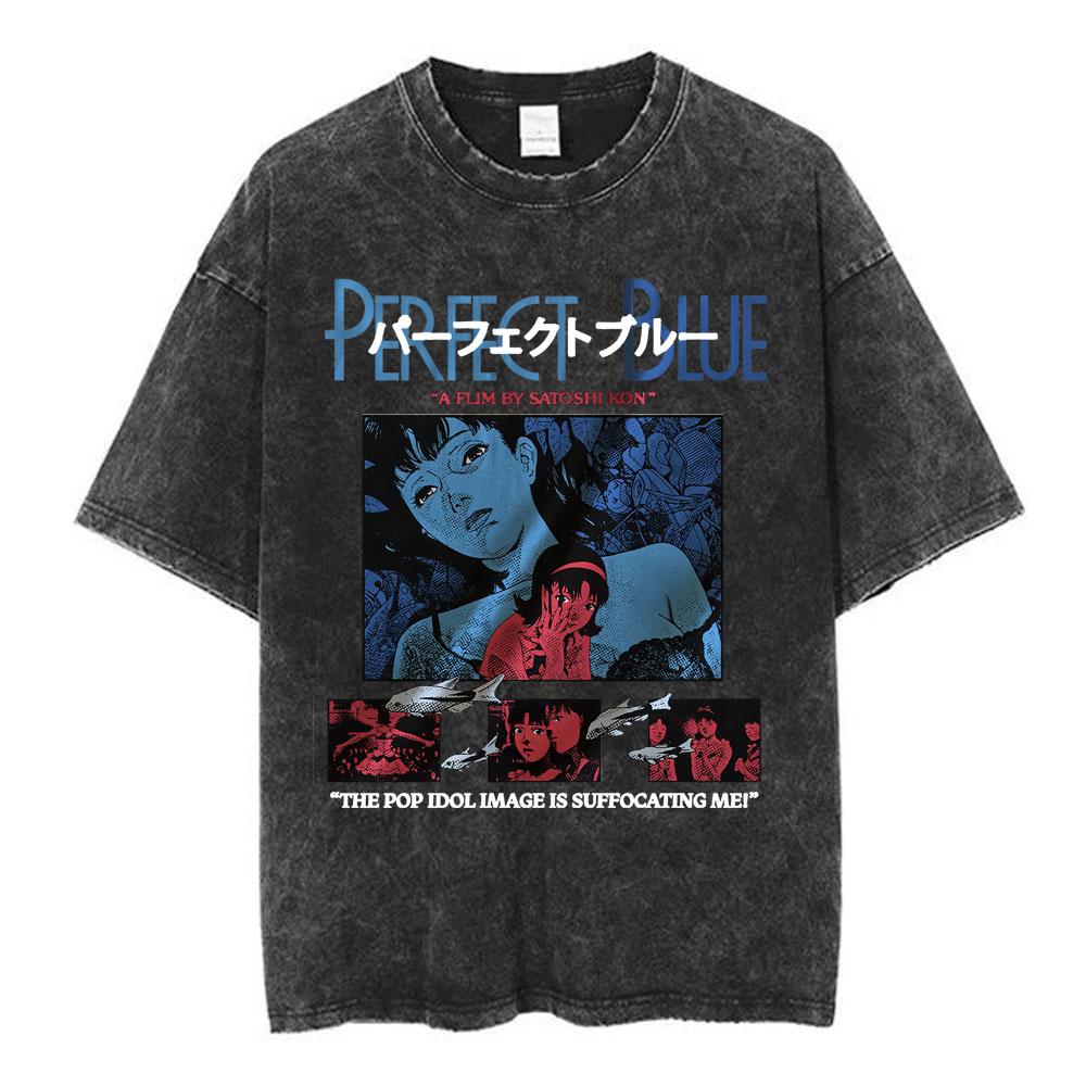 Vintage Washed Anime Perfect Blue A Satoshi Kon Film Mima Kirigoe TShirts Mens Women Fashion Oversized Short Sleeve T Shirts