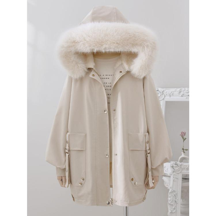 Zimní trendy parka s kapucí z umělé kožešiny a hřejivou podšívkou pro ženy