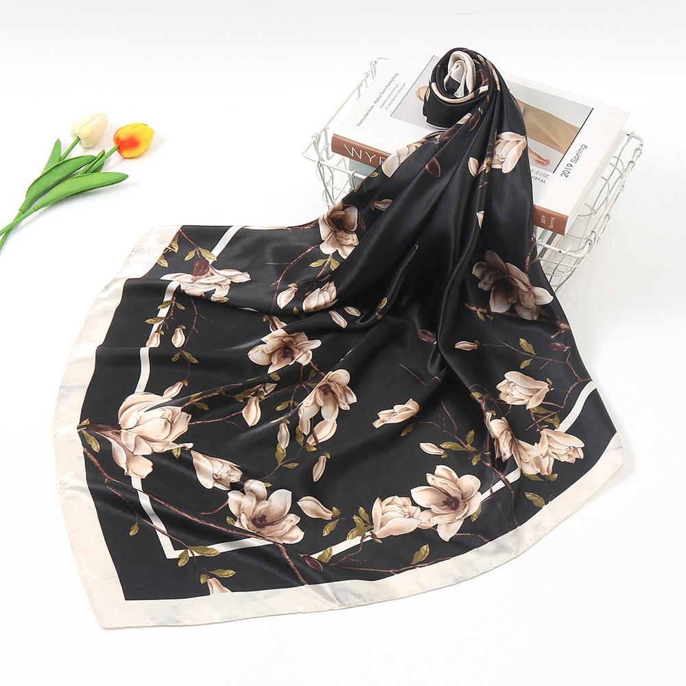 Silk Scarf Spring And Summer Imitation Silk Scarf Printed Small Square Scarf Gift Scarf Shawl Fj018 Magnolia 90X90cm