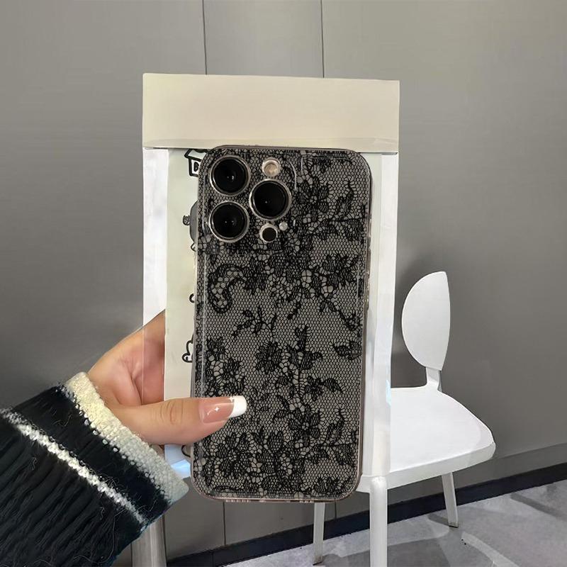 Black Lace White Lily Flower Print Clear Phone Case for iPhone 17 Pro Max 16 15 Pro 14 13 12 11 XR 17Air 16 Plus Silicone Cover