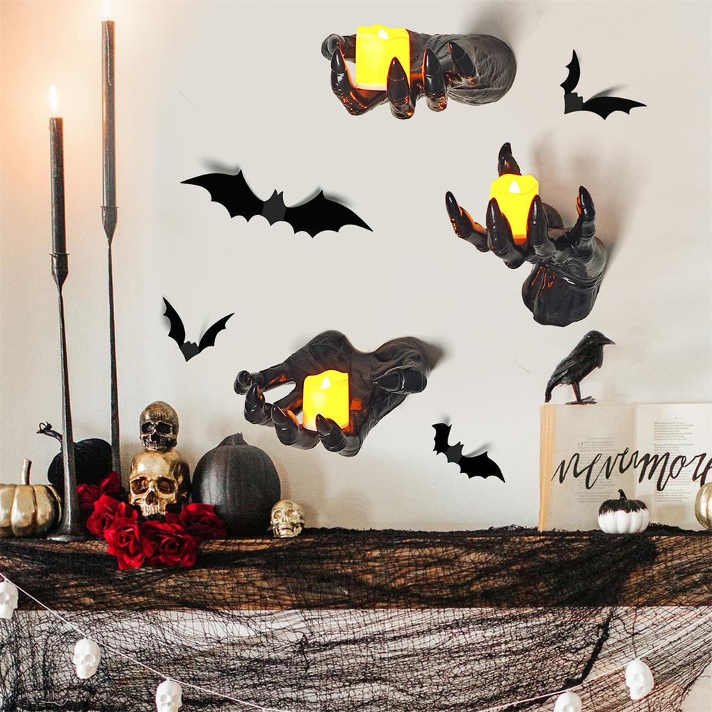 3Pcs Wall Mounted Creepy Ghost Hands with Tea Lights Candles, Spooky Goth Decor Black Horror Reaching Ghost Hands for Halloween