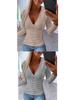 Women's Autumn Ribbed Knit V-Neck Slim Fit Long Sleeve Button Pullover