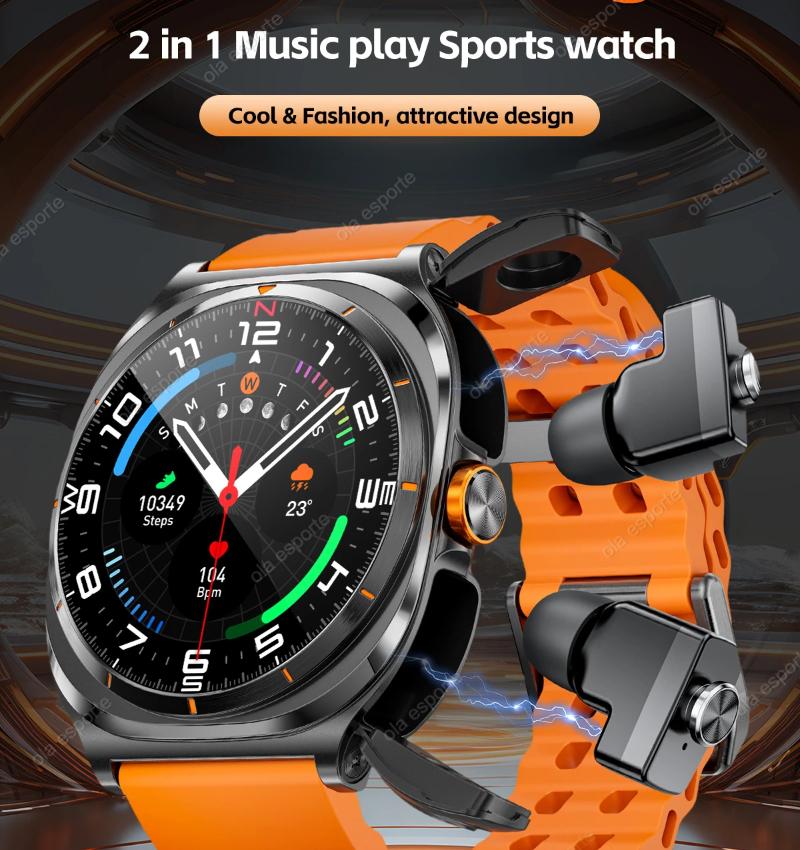 2025 New Smart Watch TWS Headset 2 In 1 AMOLED Wireless Headset Bluetooth Call Outdoor Sport Music Health Monitor Smartwatch Men