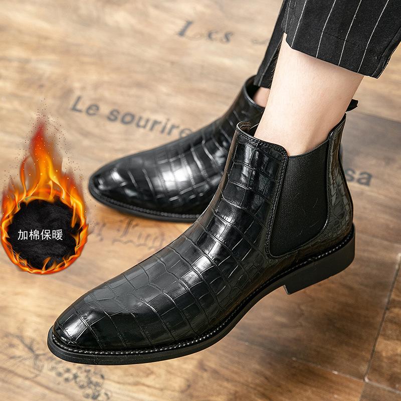 Large Size Leather Boots Crocodile High Top Cotton Shoes Business Leather Shoes Fleece Chelsea Boots