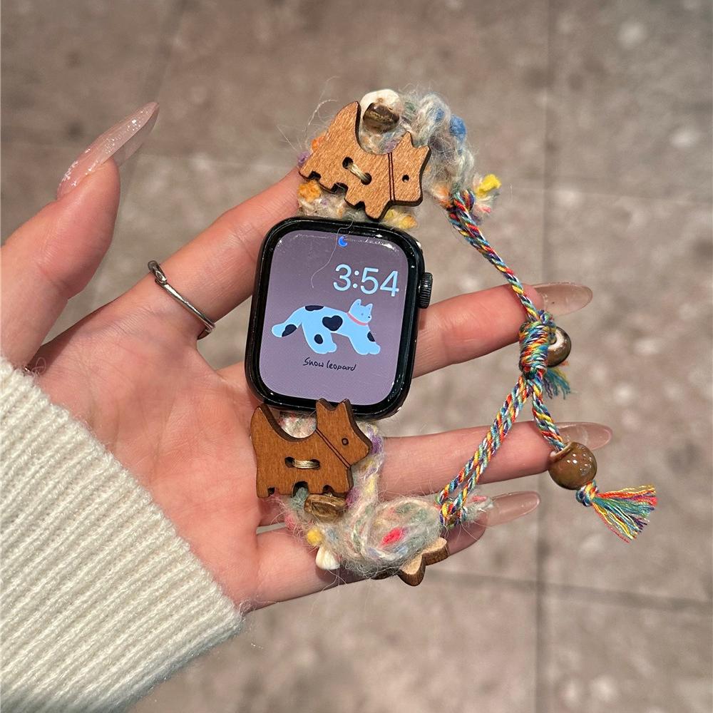 Śliczny pluszowy drewniany pand do Apple Watch Series 9 8 7 6 5 4 3 2se pasek do zegarka do IWatch Ultra 2 49mm 45 41mm 40 44mm bransoletka