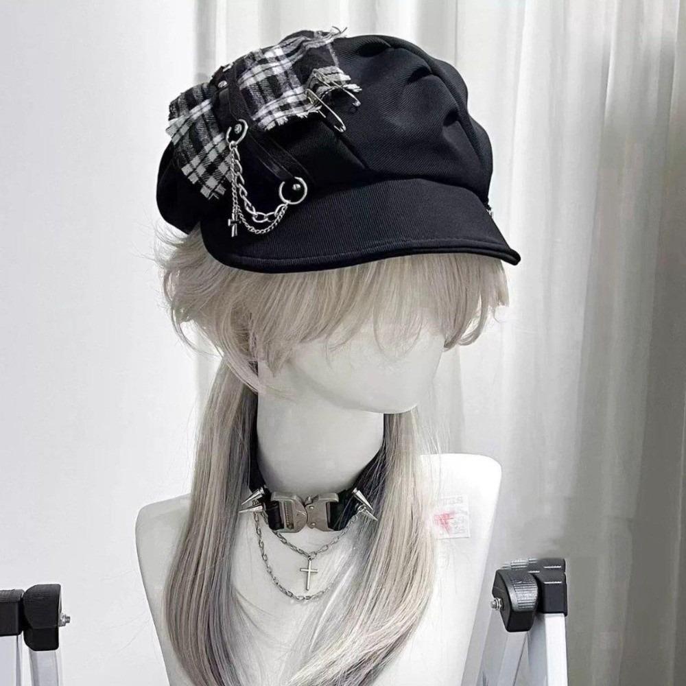 Rabbit Ears Octagonal Hat Irregular Newsboy Peaked Hat Cute Plaid Beret Hat  Women Style A Black