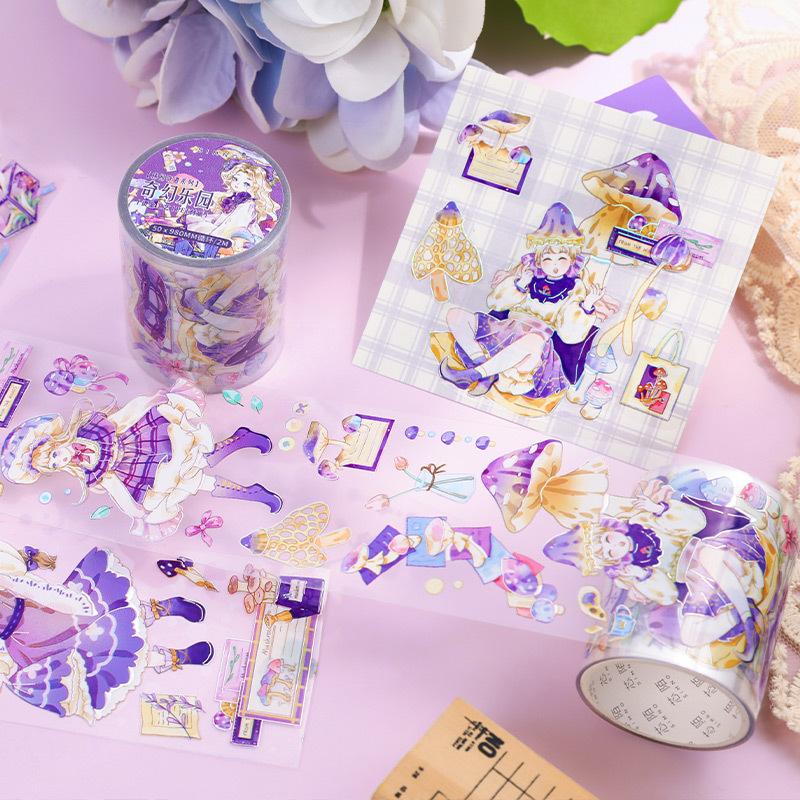 1 Roll 5x200cm Cute Cartoon Lolita Girl Outfit Tape Sticker Sweet Girls with Puff Skirts Bow Details Bright Colors Self-Adhesive
