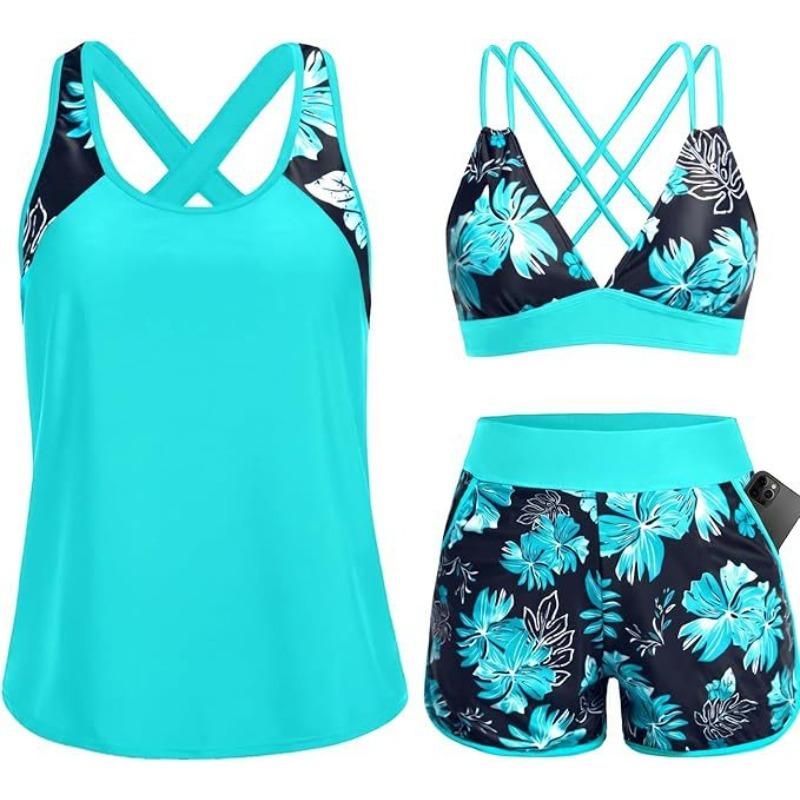 Costume da Bagno Intero a Tre Pezzi da Donna con Tasche Design Incrociato Bellissimo Dorso Bikini Boxer Costume da Bagno Sportivo