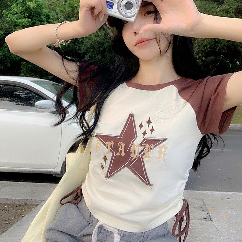 

Women s Retro Star Color Block Lace-Up Raglan T-Shirt - Sweet and Spicy Summer Style M (80-95 lbs recommended)