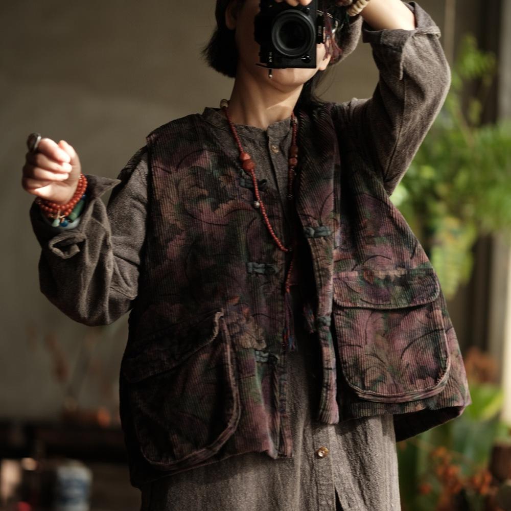 Johnature Vintage Women Coats V-Neck Sleeveless Print Floral Button Patchwork Pockets Autumn Coats
