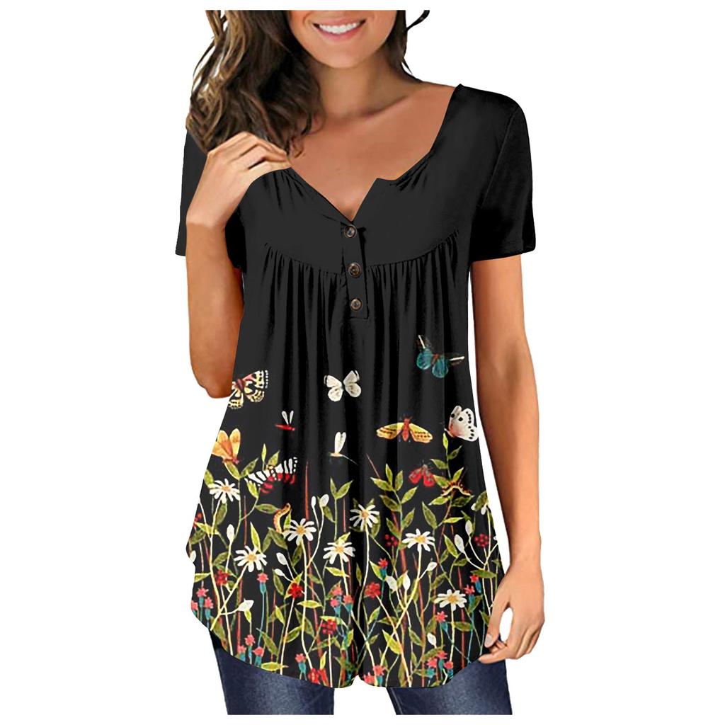 Women's Short-sleeve Loose Tops Casual Plus Size Tunic Button Tops