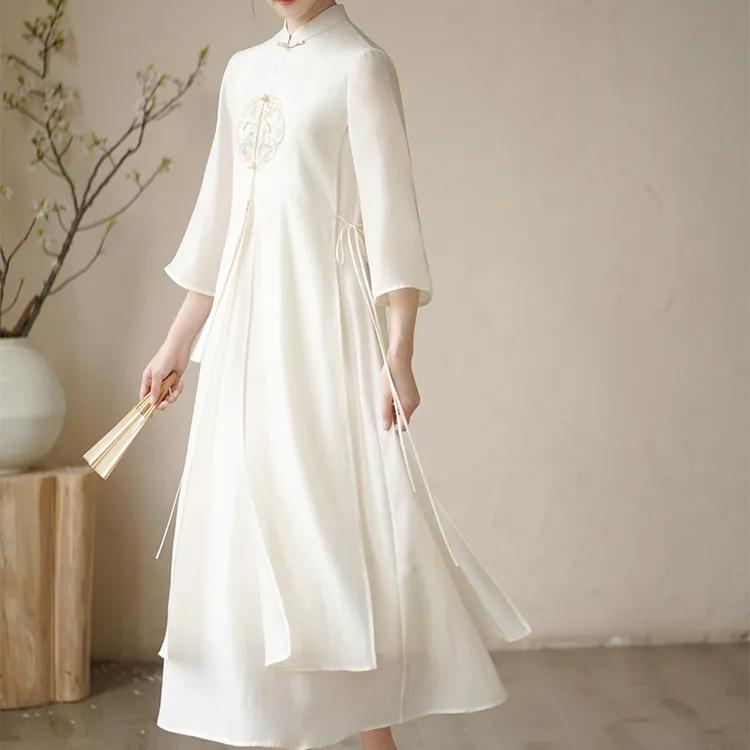 Women's Spring and Summer Embroidered Gentle Cheongsam Retro Dress with High Slit