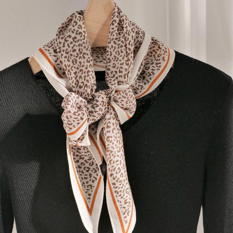 Elegant Silk Wool Blend Square Scarf With Leopard Print Lightweight Accessory Women