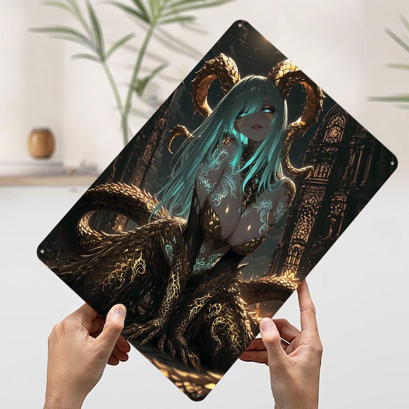 Dragon Girl With Golden Scales Poster Customized Wall Art Vintage Metal Signs Retro Tin Plaque for Man Cave Gamer Decoration