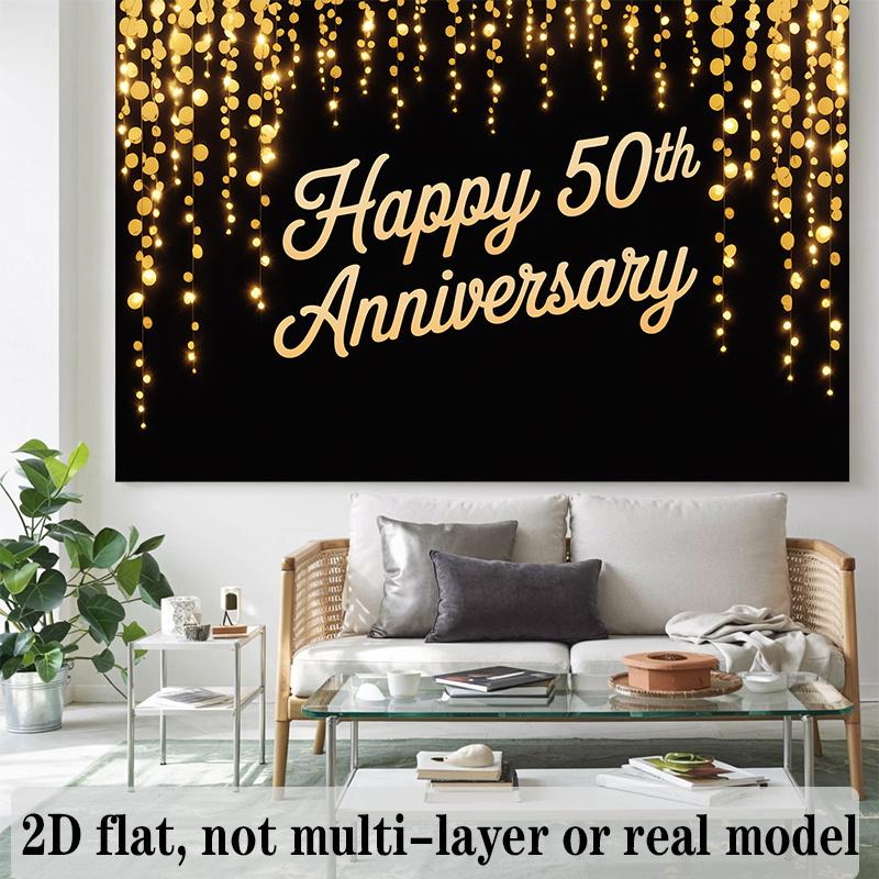 50th Anniversary Banner, Golden String Lights Backdrop Wall Decor for Celebration