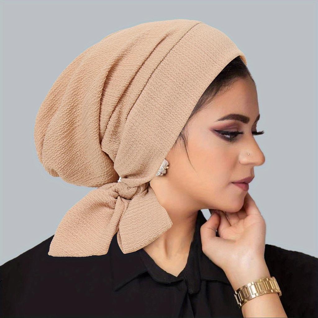 Women's Polyester Knit Beanie with Wave Pattern and Long Tail - Elastic Fit, No Feathers, Chemotherapy Headscarf Hat