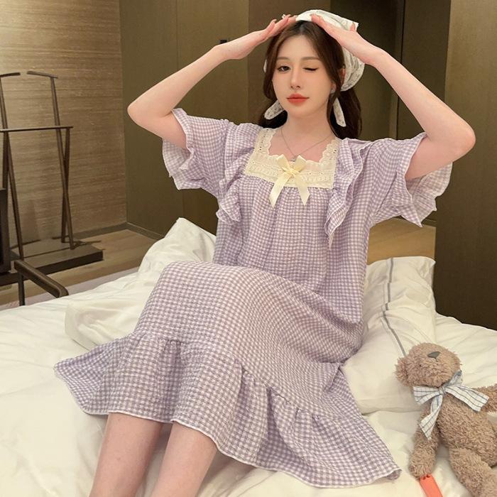 Princess Style Fattened And Enlarged Summer Short-Sleeved Nightgown Wrinkled Cotton Loose Large Size Sweet Cartoon Loungewear Can Be Worn Outside