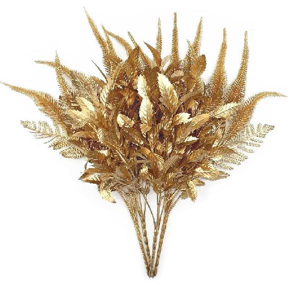 PASYOU Fake Leaves Plants for Christmas Decor, Gold Artificial Shrubs Grass Foliage Plastic Bulk Leaf Indoor Outdoor Home Garden Party Hotel Verandah