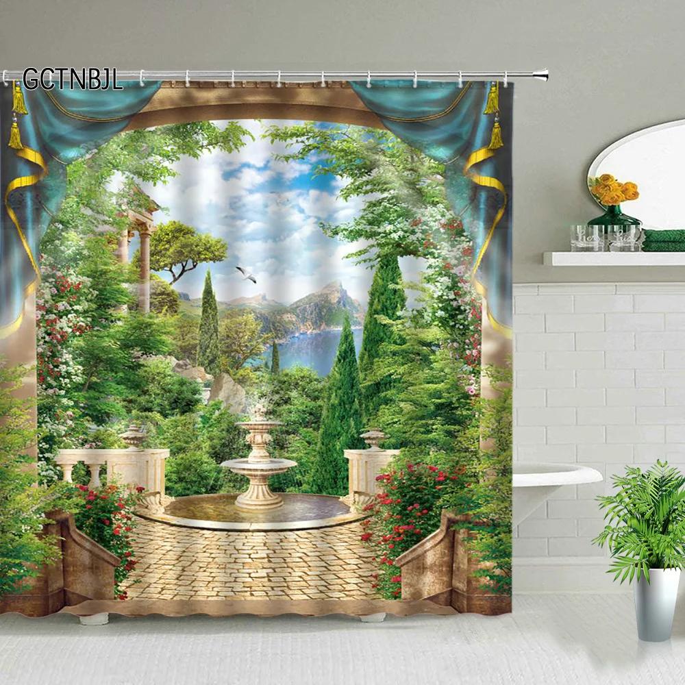 Ocean Scenery Shower Curtains Ldyllic Building Flower Plant Spring Landscape Bathroom Curtain Waterproof Fabric Bathtub Screen