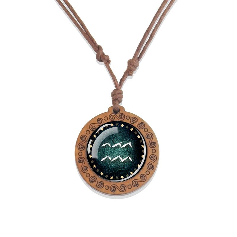 12 Zodiac Signs Constellation Necklaces Glass Dome Vintage Wooden Pendant Rope Chains Necklace for Women Men Jewelry Birthday Gift