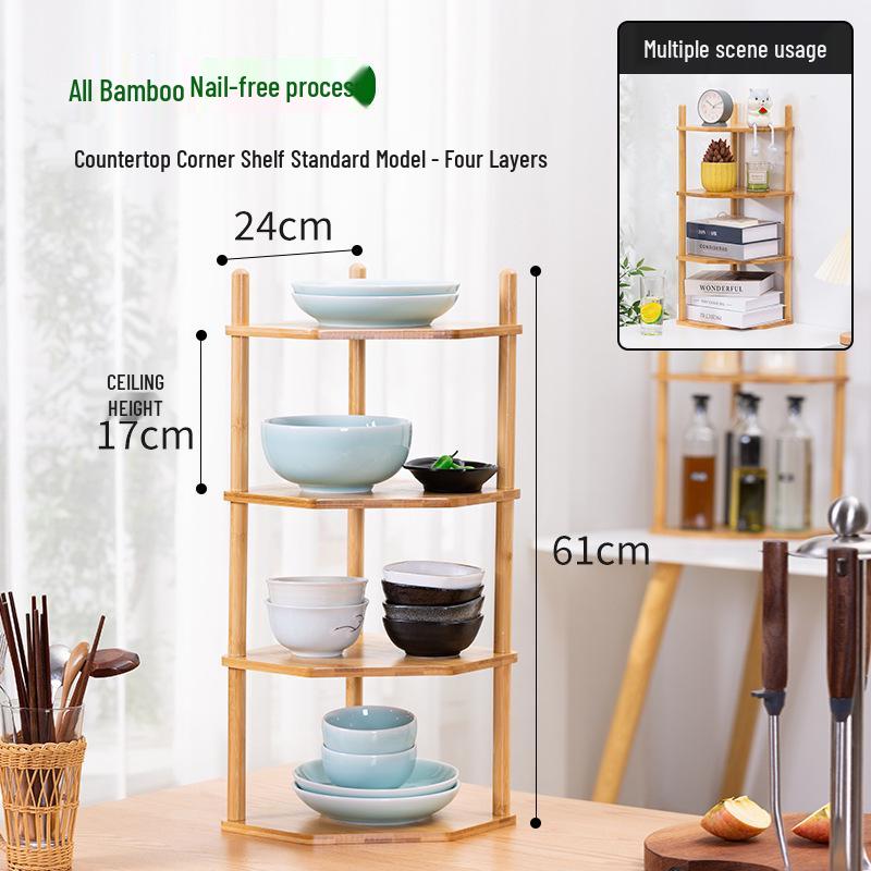 Bambusová kuchyňská rohová police: Multifunkční trojúhelníkový stojan na koření pro uložení na pracovní desku a na stůl.