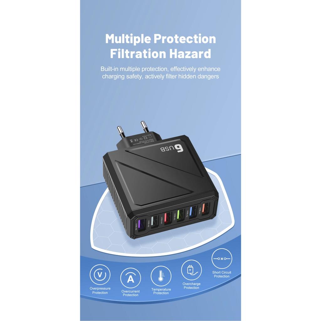 3.1A 6 Ports USB Ladegerät QC3.0 Schnellladung Handy-Ladegerät für IPhone 16 15 14 Samsung Xiaomi Handy-Adapter EU US UK KR Stecker