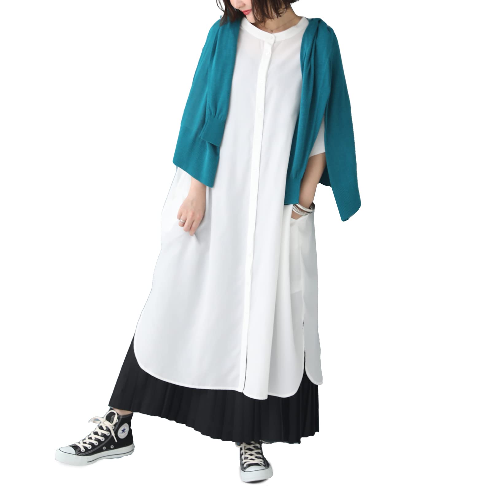 

Oshare Walker Collar Short Sleeve Shirt Long Shirt Short Loose Plus Sizes Layered wfn0239 n OrLABEL [Band Dress] Women s Dress, Spring/Summer,