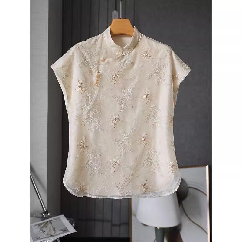 

2025 новая женская летняя модная рубашка на пуговицах с вышивкой, с коротким рукавом, рубашка со стойкой, маленькая рубашка M [Recommended below 50kg]
