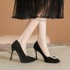 Pointed Rhinestone Black Suede High Heels Women's Pointed Thin Heel Waterproof Table Single Shoes Small Commuter Shoes