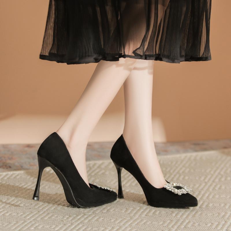 Pointed Rhinestone Black Suede High Heels Women's Pointed Thin Heel Waterproof Table Single Shoes Small Commuter Shoes