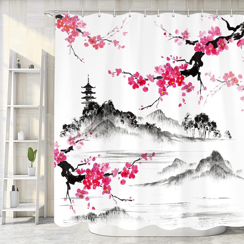 

Asian Style Traditional Japanese Ink Painting Shower Curtain, Black Fluffy Cat Watching Over Dragonflies On Vintage Fabric W60H190(CM)-1 Pcs