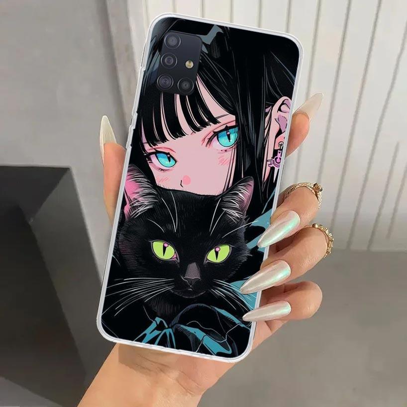 Anime Girls Cute Black Cat Phone Case for Samsung Galaxy A52 A32 A22 A12 A02S A50S A30S A10S Note 20 Ultra 10 Plus S10 A31 A20 A