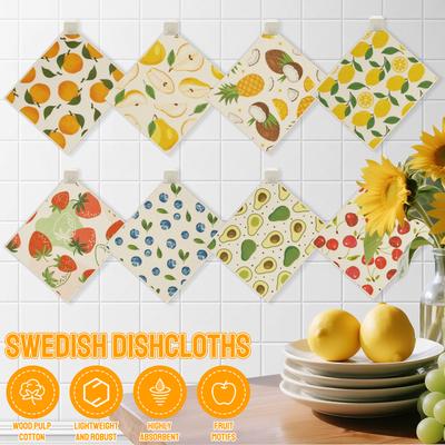 6/8Pcs Swedish Dishcloths Cellulose Cotton Fruit Style Kitchen Dish Towels Non Scratch Absorbent Cleaning Cloth for Dish Bowl