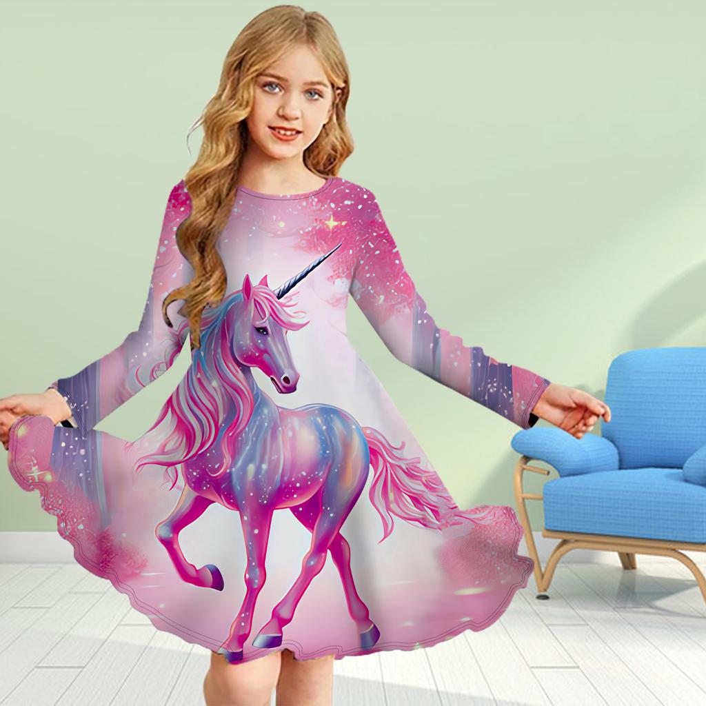 Girl Casual 3D Print Pink Crystal Unicorn Round Neck Long Sleeve Dress Kid Princess Dress