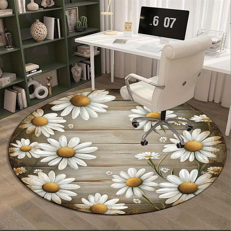 1pc Charming Daisy Floral Round Rug - Rustic Wood Print Design, Polyester Fabric, Suitable for Bedroom Living Room
