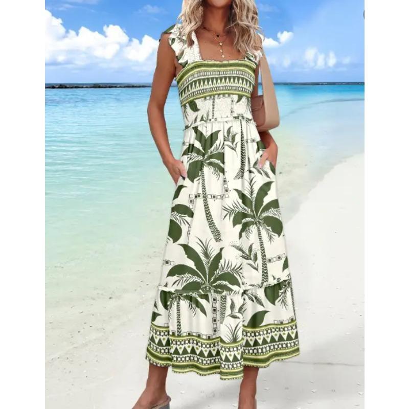 

Fashion Sleeveless Printed Holiday Style Summer Dress Loose Casual Simple Party A-line Sundress Female Elegant Pleated Slim Fit Clothing 2XL зелений