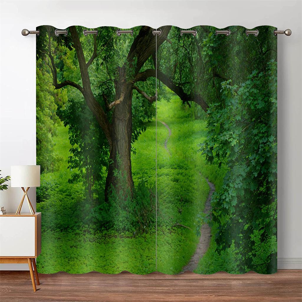 3D Forest Blackout Curtain Jungle Tree Nature Scenery Window Curtain Living Room Bedroom Waterfall Left and Right Biparting Open
