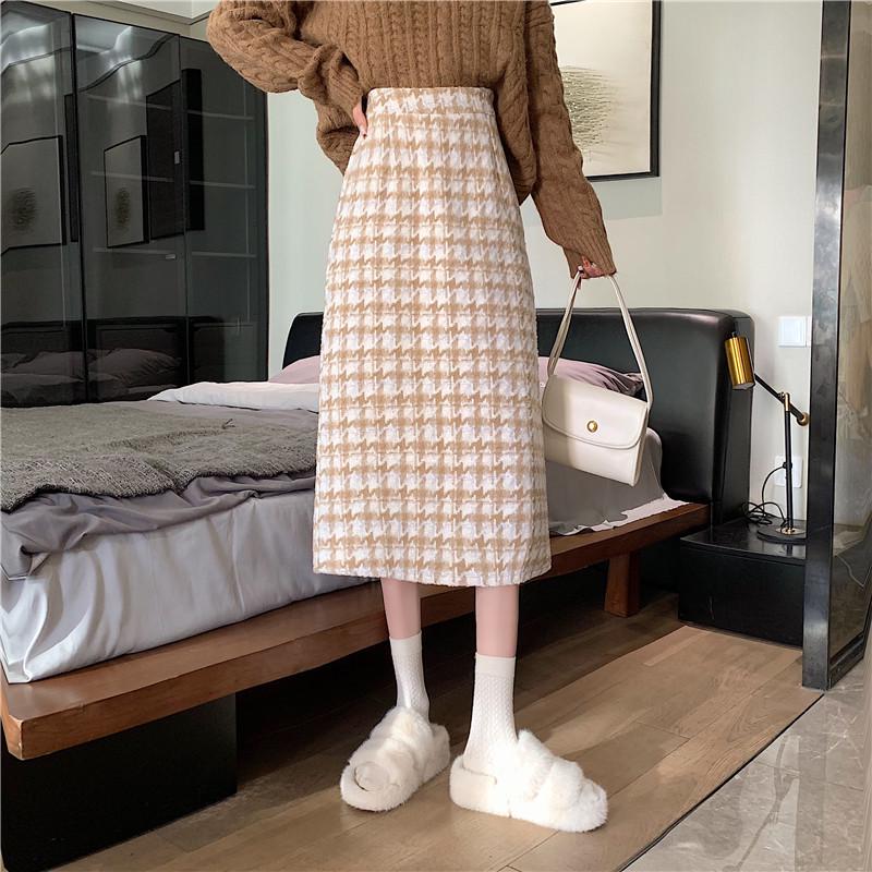 Plus Size Women s Korean Style Plaid Woolen High Waist Mid-Length Winter Skirt S