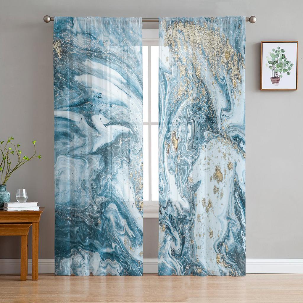 Marble Blue And Gold Abstract Sheer Voile Window Curtains Tulle Curtains Living Room Balcony Decoration Drapes