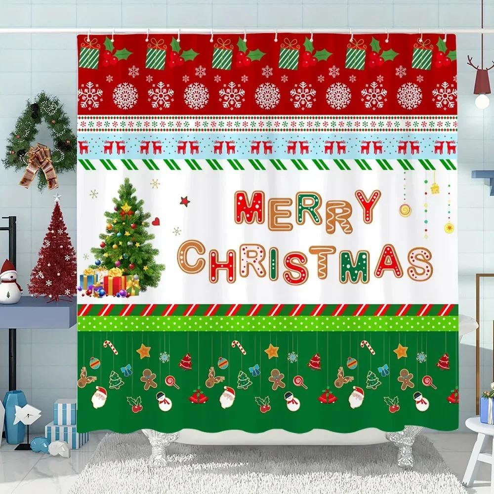 Snowman Christmas Tree Shower Curtain Merry Christmas Gift Polyester Fabric Home Shower Curtain Bathroom Decoration with Hooks