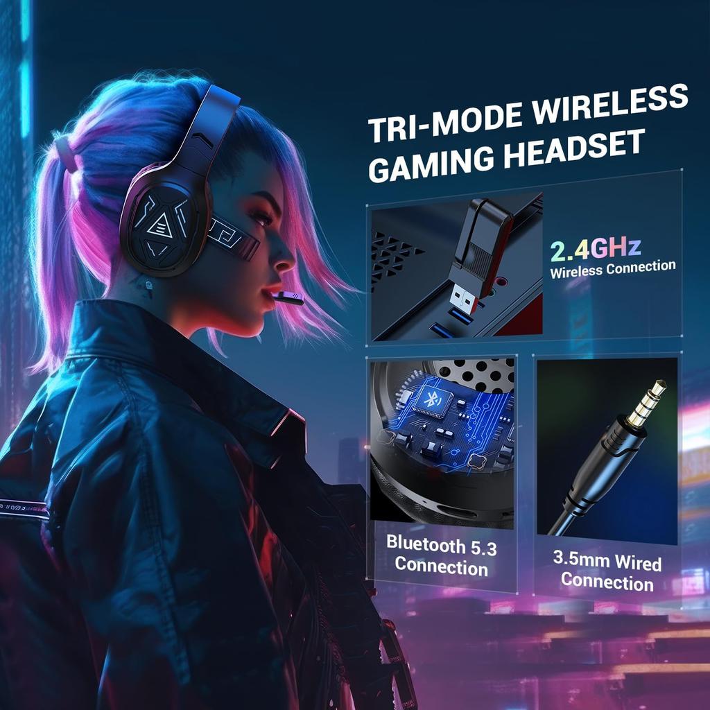 EKSA 2.4GHz Wireless Gaming Headset with Noise Canceling Microphone for PS5, PC, PS4 Bluetooth Gaming Headphones with USB & Type-C Connector, 52Hrs