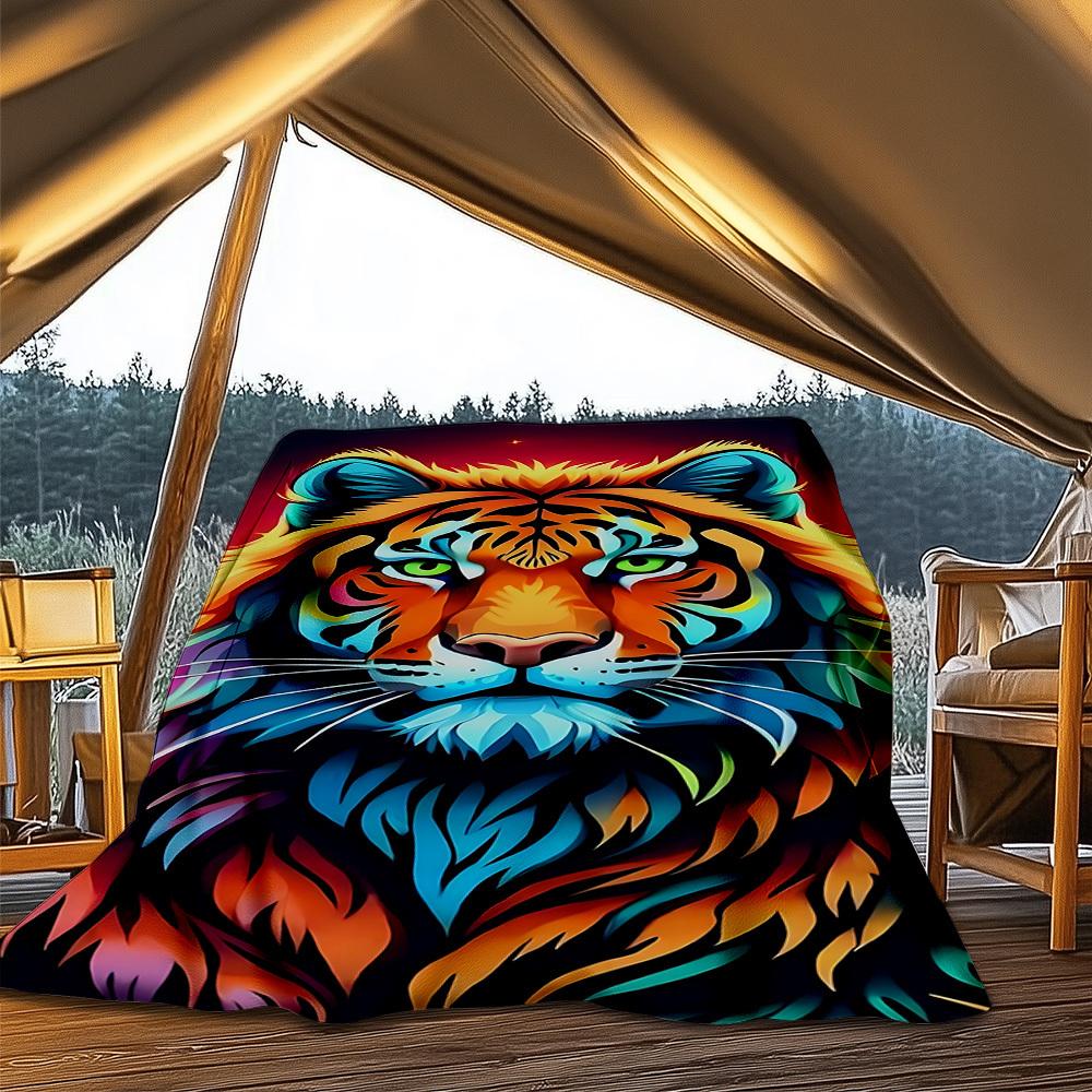 1pc Colorful Tiger Design Throw Blanket Polyester Fiber, Lightweight Flannel, Soft & Warm, All Season Use for Outdoor, Camping Digital Print