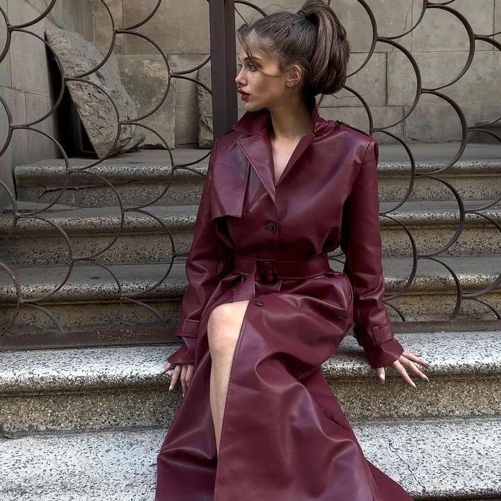 Europeisk og amerikansk dametrenchcoat i kunstskinn med belte og krage, høst-/vinterkolleksjon