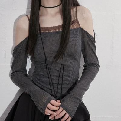 Long Sleeve New Style Lace Splicing Tight Sweet Spicy Pure Desire Big Neckline Vertical Pattern