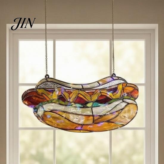 Lightweight Window Ornaments Hot Dog Stained Glass Acrylic Suncatcher, Colorful Retro Hanging Ornament with Modern Shop Soft Furnishings Metal Chain,