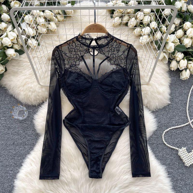 

Fashion Ins Long Sleeve Jumpsuit Female Pure Desire Sexy Hollow-out Halter Thin Lace Silm Inner Bottoming Top Black L