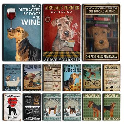 Airedale Terrier Kuchnia Metalowy Znak Blaszany Zabawne Znaki Zwierząt Dekoracja Ścienna Metalowy Plakat Tabliczka do Łazienki Baru Biura Kawiarni 12x8 Cal